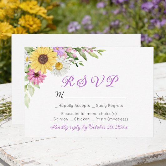 Floral Wedding Wildflower Sunflower Daisy RSVP Karte