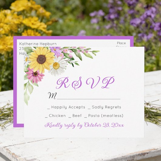 Floral Wedding Wildflower Sunflower Daisy RSVP Postkarte