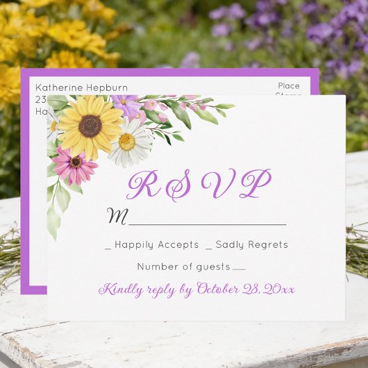 Floral Wedding Wildflower Sunflower Daisy RSVP Postkarte