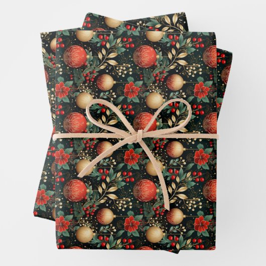 Floral Weihnachten Chic Muster Red Green Gold Geschenkpapier Set (Beispiel)