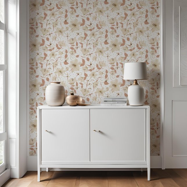 Floral Weiß Beige Lily Botanisches Muster Tapete (Von Creator hochgeladen)