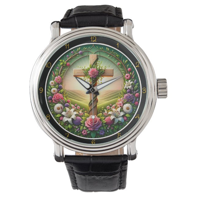 Floral Welcome Cross Garden Clock Armbanduhr (Vorderseite)