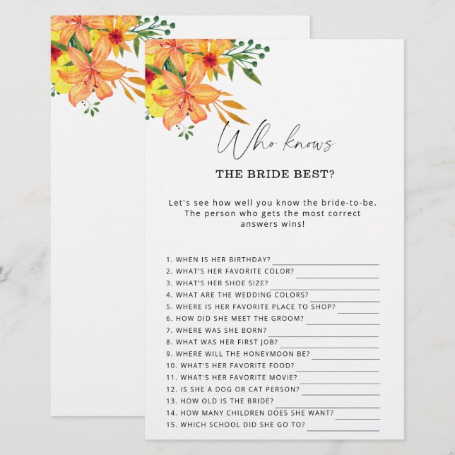 Floral Wer kennt das beste Spiel der Braut (Vorne/Hinten)