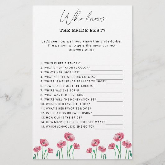 Floral Wer kennt das beste Spiel der Braut (Vorderseite)