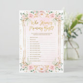 Floral Wer Mommy Best Baby Shower Game Card kennt Einladung (Stehend Vorderseite)