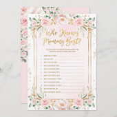 Floral Wer Mommy Best Baby Shower Game Card kennt Einladung (Vorne/Hinten)