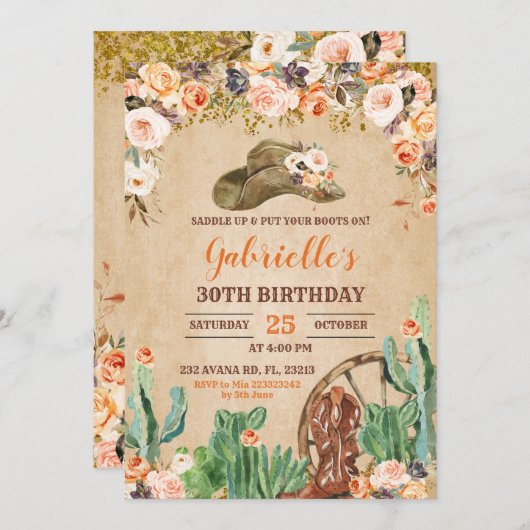 Floral Western Cowgirl Birthday Einladung (Vorne/Hinten)