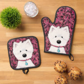 Floral Westie Art Oven Mitt & Pot Holder Set (Oben Unten)