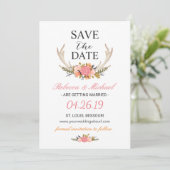 Floral White Antler Boho Hochzeit speichern Sie da Save The Date (Stehend Vorderseite)