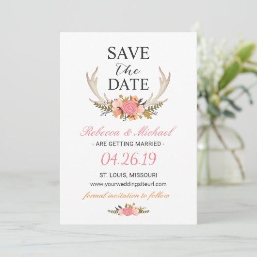 Floral White Antler Boho Hochzeit speichern Sie da Save The Date (Stehend Vorderseite)