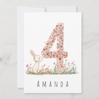 Floral White Bunny 4. Geburtstagskarte Einladung