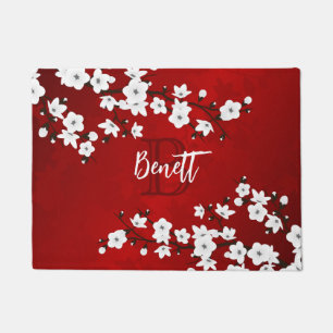 Floral White Cherry Blossom Red Monogram Add Name Fußmatte