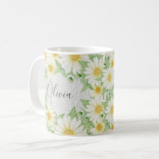 Floral White Daisies Name Watercolor Kaffeetasse (Vorderseite Links)