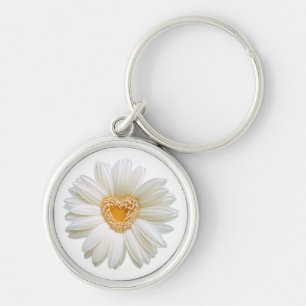 Floral White Daisy Blume Gelbes Herz Schlüsselanhänger