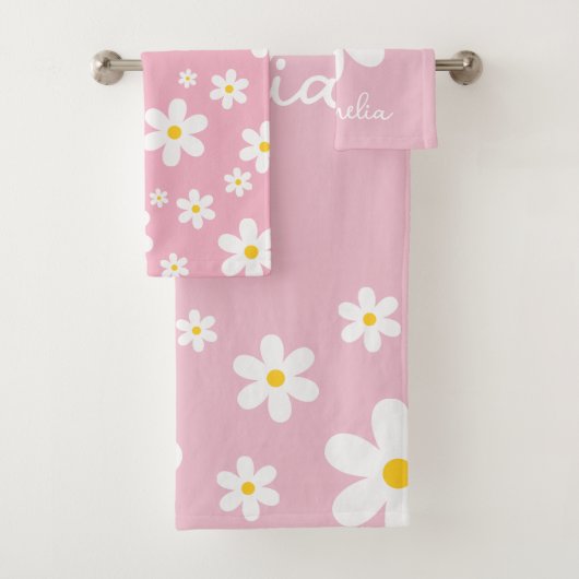 Floral White Daisy Pink Handtuch Set (Insitu)