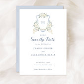 Floral White Dusty Blue Crest Save the Date Einladung