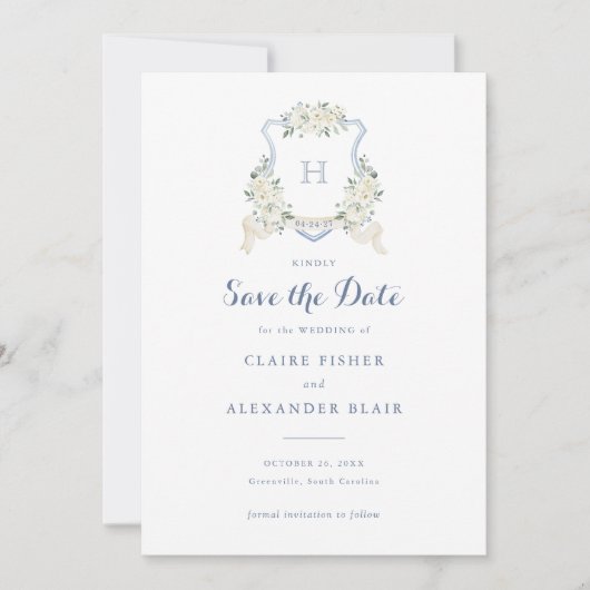 Floral White Dusty Blue Crest Save the Date Einladung (Vorderseite)