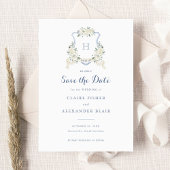 Floral White Dusty Blue Wappen Save the Date Einladung