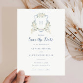 Floral White Dusty Blue Wappen Save the Date Einladung