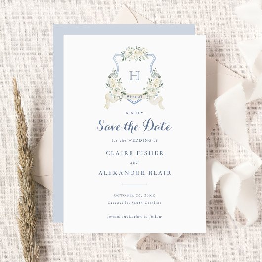 Floral White Dusty Blue Wappen Save the Date Einladung