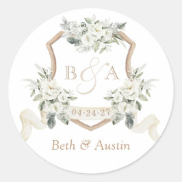 Floral White Elegant Greenery Wappen Umschlag Runder Aufkleber