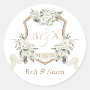 Floral White Elegant Greenery Wappen Umschlag Runder Aufkleber