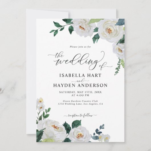 Floral White Emerald Elegante Wasserfarbenhochzeit Einladung (Vorderseite)