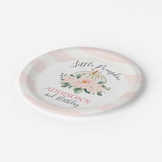 Floral White Gold Pumpkin Birthday Party Pappteller (Schrägansicht)