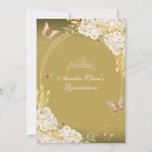 Floral White Gold Tiara Butterfly Mis Quinceañera Einladung (Rückseite)