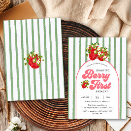 Floral White Green Strawberry Berry 1. Geburtstag Einladung