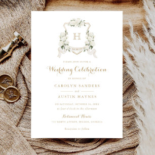 Floral White Hydrangea Wappen Gold Monogram Weddin Einladung