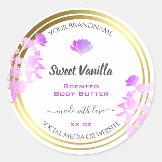 Floral White Lila Gold Packaging Labels Runder Aufkleber (Vorderseite)