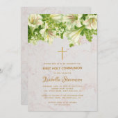 Floral White Lilies Marble Erste Heilige Kommune Einladung (Vorne/Hinten)