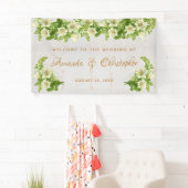 Floral White Lilies Marble Script Wedding Willkomm Banner (Insitu)