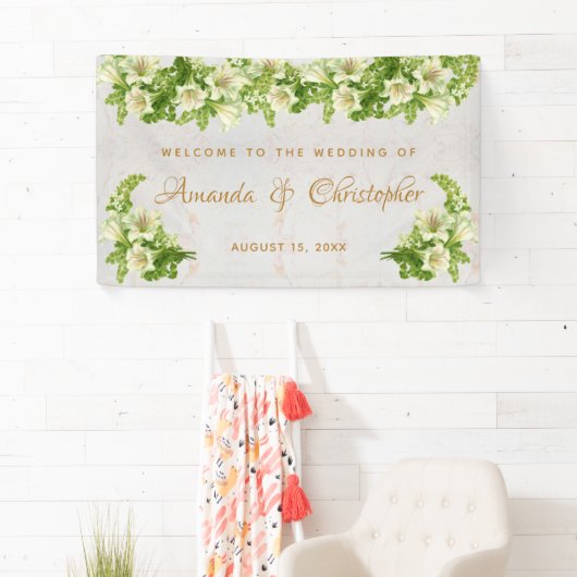 Floral White Lilies Marble Script Wedding Willkomm Banner (Insitu)