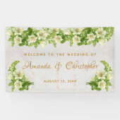 Floral White Lilies Marble Script Wedding Willkomm Banner (Horizontal)