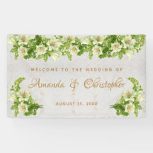 Floral White Lilies Marble Script Wedding Willkomm