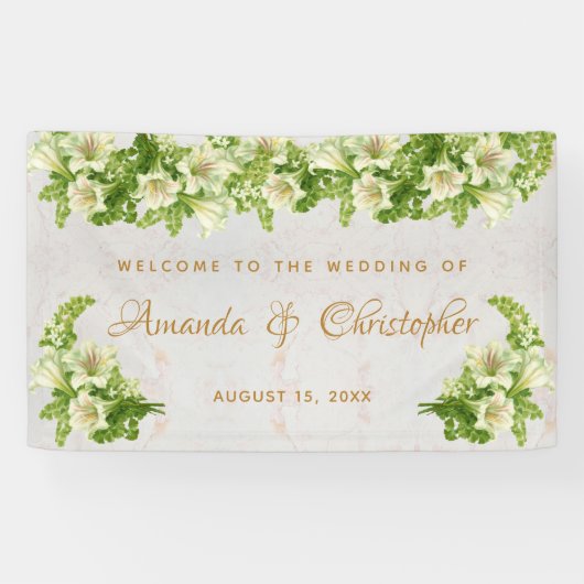 Floral White Lilies Marble Script Wedding Willkomm Banner (Horizontal)