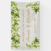 Floral White Lilies Marble Script Wedding Willkomm Banner (Vertikal)
