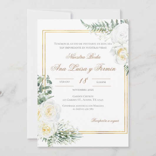 Floral White Spanish Wedding Invitation Einladung (Vorderseite)