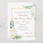 Floral White Spanish Wedding Invitation Einladung (Vorne/Hinten)