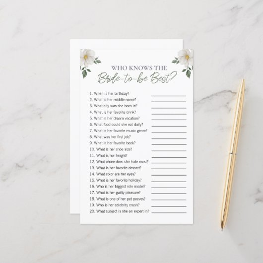 Floral "Who Knows The Bride" Bridal Shower Game (Vorderseite/Rückseite Beispiel)