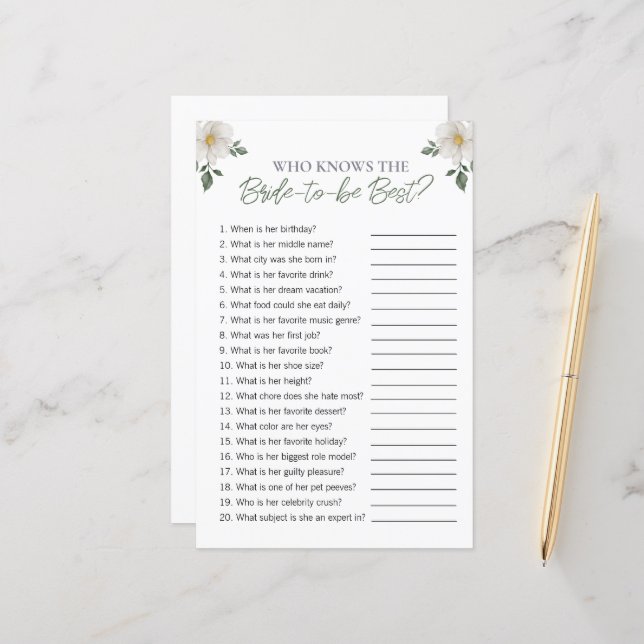 Floral "Who Knows The Bride" Bridal Shower Game (Vorderseite/Rückseite Beispiel)