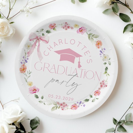 Floral Widflower Pink Bow Graduation party Pappteller