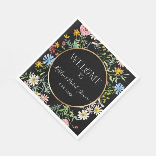 Floral Wildblume Black Boho Begrüßung Brautparty Serviette (Ecke)