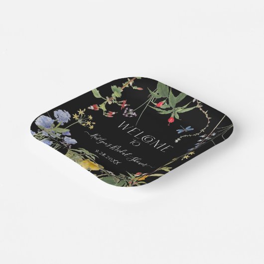 Floral Wildblume Boho Black Welcome Brautparty Pappteller (Gewinkelt)