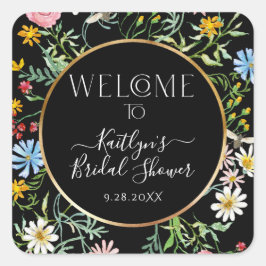 Floral Wildblume Boho Welcome Black Brautparty Quadratischer Aufkleber