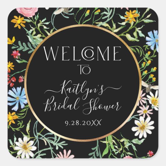 Floral Wildblume Boho Welcome Black Brautparty Quadratischer Aufkleber (Vorderseite)