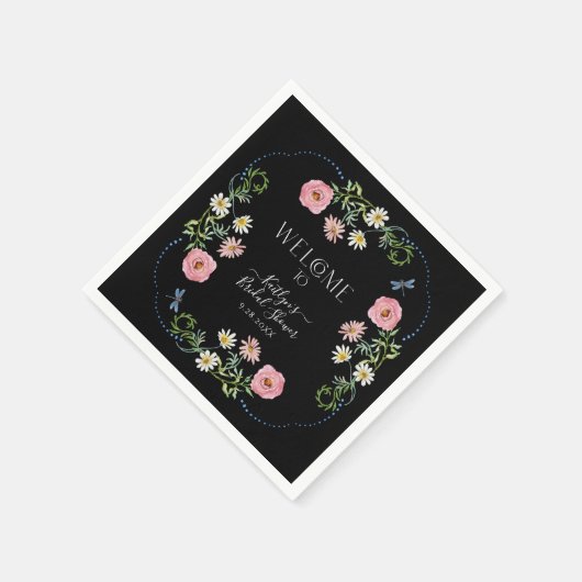 Floral Wildblume Daisy Black Boho Brautparty Serviette (Ecke)