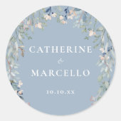 Floral Wildblumen Dusty Blue Wedding Runder Aufkleber (Vorderseite)